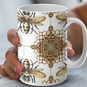 Honigbienenbecher, goldene Insektenkunst, dekorative Kaffeebecher, Teebecher, Neuheitbecher, Bienenliebhabergeschenk, einzigartiges Design, bedruckte Becher
