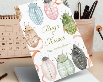 Carte d'insectes et de bisous, cartes de voeux d'anniversaire et cartes postales, carte d'anniversaire insecte, carte insecte aquarelle, cartes d'anniversaire insecte mignon