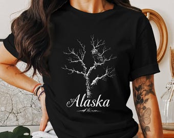 Grafisch T-shirt Alaska Raven Tree, op de natuur geïnspireerd casual T-shirt, gezellig grafisch T-shirt, uniek Alaska Art-shirt, top voor dagelijks gebruik