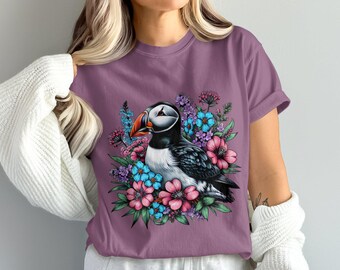 T-shirt bloemenkunst papegaaiduiker, uniek T-shirt natuurliefhebber cadeau, leuk grafisch shirt natuurliefhebber, top kleurrijke vogelliefhebber, fankleding papegaaiduiker