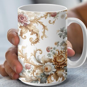 Floral Mugs, Elegant Flower Pattern, Tea Coffee Mug, Unique Gift Idea, Decorative Drinkware, Designer Mugs, Artistic Mug Designs