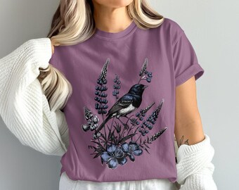 Dames T-shirt met bloemenprint, casual T-shirt met bloemen en vogels voor natuurliefhebbers, leuk blauw T-shirt met bloemenkunstwerk voor vrouwen