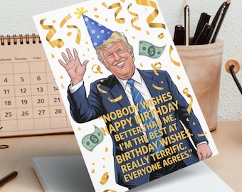 Könnte beinhalten: Eine Geburtstagskarte mit einer Cartoon-Illustration eines Mannes mit Partyhut, der winkt und von Konfetti und Geldscheinen umgeben ist. Auf der Karte steht: „NIEMAND WÜNSCHT ZUM GEBURTSTAG BESSER ALS ICH. ICH BIN DER BESTE BEI GEBURTSTAGSWÜNSCHEN. WIRKLICH FANTASTISCH. ALLE SIND EINVERSTANDEN.“