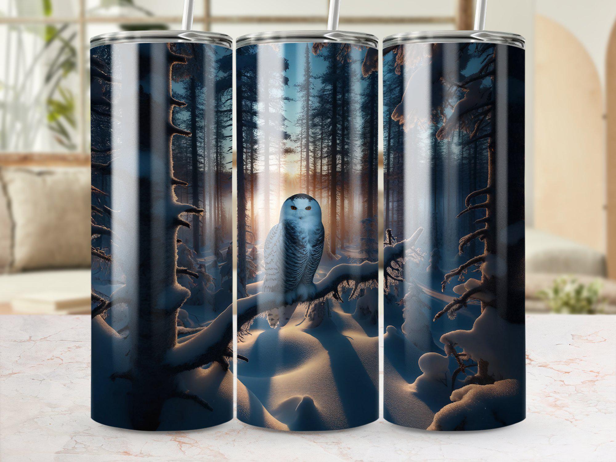 Snowy Owl 20 oz Skinny Tumbler Wrap, Winter Forest Sublimation Design, Bird Tumbler, Unique Owl Gift