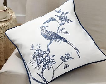 Chinoiserie Blue Floral Bird Throw Pillow Cover, Art Print Pillow, Unique Design Pillow, Home Sofa Cushion, Chinois Bird Exotic Scene