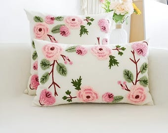 Elegant Flower Embroidered Cushion Cover, Boho Floral Accent Pillow for Couch, Farmhouse Throw Pillow Cover, Decorative Floral Pillowcase