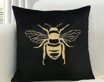 Embroidered Gold Bee on Black Velvet Pillow Cover – 18x18&quot; Luxe Cushion for Elegant Home Décor,Velvet Bees Pillow. Honey Bee. Bee Décor.