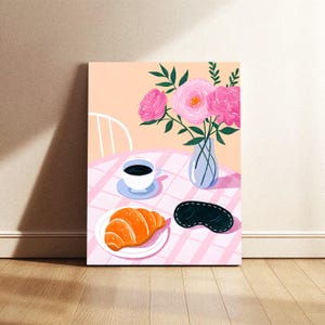 Dopamine Decor Küche Wandkunst - Rosa Frühstücksposter mit Kaffee, Croissant & Blumen, niedlicher Morgendruck, Dopamine Galerie zum Herunterladen