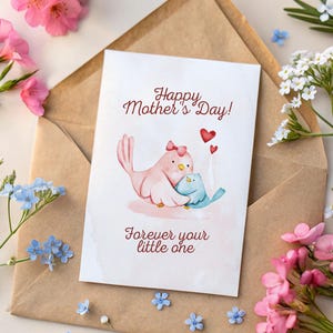 Cartão de Dia das Mães da Child, Cute Bird Mom and Baby, Cartão de Saudações para Imprimir no Dia das Mães Forever Your Little One, Cartão Digital Dobrável