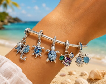 Sterling Silver Ocean Charms Turtle Mermaid Starfish Seashell Treasure Chest Beach Bracelet Pendant Summer Gift Jewellery UK