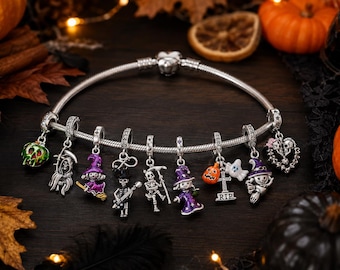 Pulsera de plata de ley 925 con dije de Halloween: fantasma, bruja, calavera, calabaza, segador, esqueleto y manzana. Regalo ideal para ella. Joyería espeluznante.