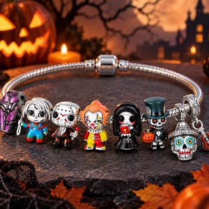 May include: A silver snake chain charm bracelet featuring a collection of horror-themed character charms, including a purple coffin, a doll in blue overalls, a hockey mask figure, a clown, a nun, a skeleton in a top hat, and a sugar skull.