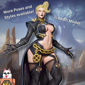 May include: A 1/6 resin model of a female character in a black and gold outfit. The figure has blonde hair and is posed with arms outstretched. The image includes the text "More Poses and Styles available!"