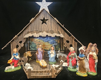 Vintage Lighted Carboard 15 Piece Nativity Set