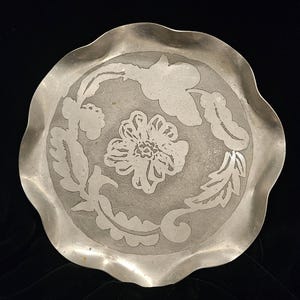 Mid Century Modern Round Aluminum Floral Serving Tray with Ruffle Rim