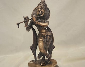 Vintage Brass Lord Krishna Playing the Flute Statue