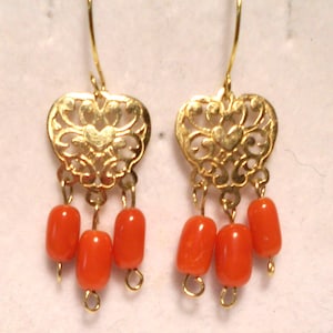 Genuine red coral earrings, solid 14k yellow gold.