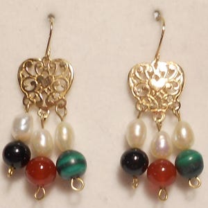 multi color dangle earrings, solid 14k yellow gold.