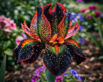 May include: A close-up of a vibrant iris flower with a striking color palette. The petals showcase a blend of black, red, orange, yellow, and green hues, speckled with tiny white dots. The flower is set against a blurred garden background.