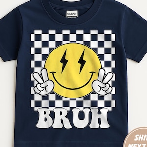 Retro Bruh Smiley Face Kids Shirt, Happy Face Youth Tees, Smiley Face Checkered Toddler Shirt, Retro Bruh Kids Shirt, Boho Shirt Girls/Boys