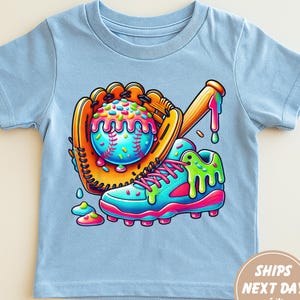 Dripping Baseball Glove & Cleats Kids Shirt, Ice Cream Drip shirt, Colorful Baseball Bats Tee, Fun Sportswear, Fun Sports Shirt for Kids