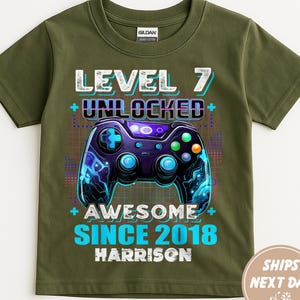 Benutzerdefinierte Gaming Geburtstag Kinder Shirt, Level 7 freigesetzt fantastisch seit 2018 Shirt, Jungen Gamer T-Shirt, Kindergeburtstagsparty, Level Up Geburtstag Shirt