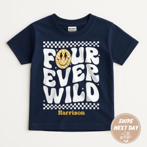 Custom Name Four Ever Wild Birthday Kids Shirt, Personalized 4th Birthday Outfit, Wild Animal Shirt, Safari Animal Birthday Tee, Zoo Animal