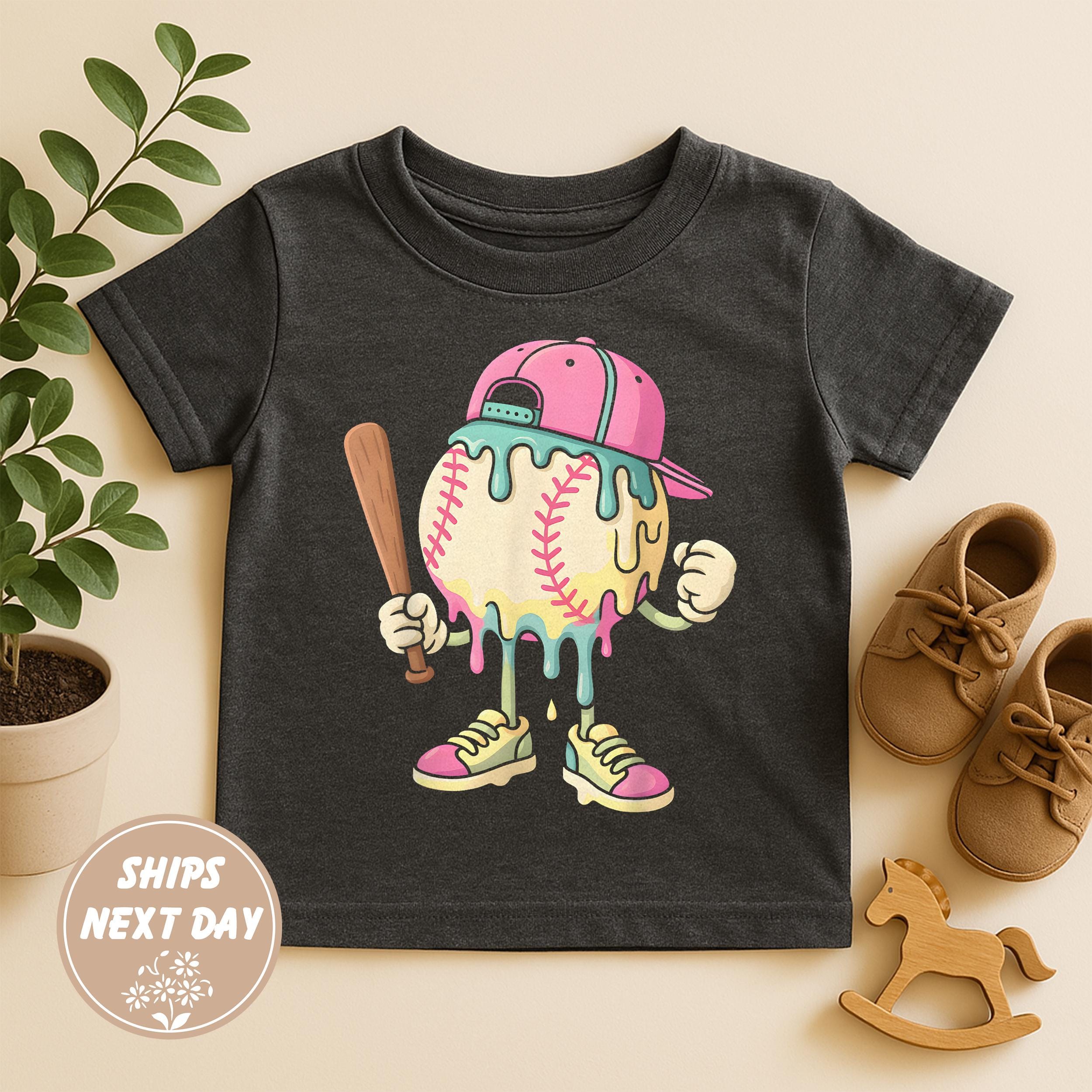 Melting Baseball Character Toddler T-Shirt, Boys Baseball Drip Shirt, Baseball Shirt for Kids, Baseball Shirt, Baseball Tee, Ice Cream Shirt
