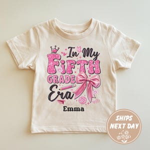Custom Girl First Day of School 5th Grade Shirt, Personalized Name Brushstroke Fifth Grade Pink Bow Tee, Coquette Elementary Back to School