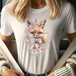 Cute Fox Shirt – Boho Baby Fox Tee with Floral Crown and Bow – Soft Aesthetic Animal T-Shirt for Women & Girls