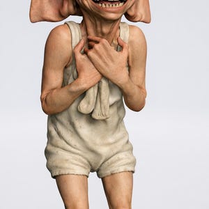 May include: A digitally rendered character with large ears, a prominent nose, and a wide, toothy grin. The figure is wearing a light-colored, sleeveless outfit and has its hands clasped over its chest. The character's skin tone is a light brown.