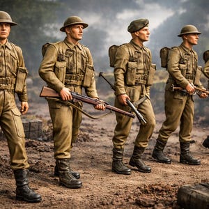 May include: Five figures of soldiers in khaki uniforms, helmets, and boots, carrying rifles and other military equipment. They are posed outdoors, walking on a dirt path, with a blurred background of trees.