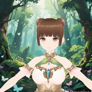 May include: A young woman with brown hair in two buns, wearing a green and white dress with gold accents and a large jewel in the center. She is standing in a forest setting with green trees and butterflies.