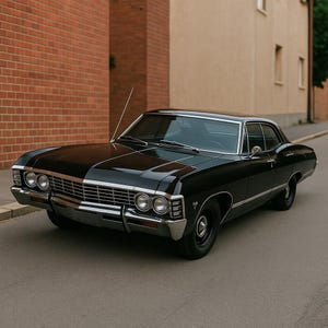 Könnte beinhalten: Ein schwarzes Oldtimer-Auto mit Chromdetails parkt auf einer Straße. Das Auto hat ein elegantes Design, sichtbare Scheinwerfer und einen markanten Frontgrill. Das Auto parkt in der Nähe eines Backsteingebäudes.