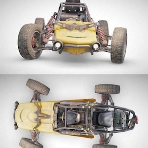 Puede incluir: Un buggy todoterreno amarillo oxidado con una jaula antivuelco y cuatro neumáticos grandes. El buggy se muestra desde cuatro ángulos diferentes: frontal, trasero, superior y lateral.
