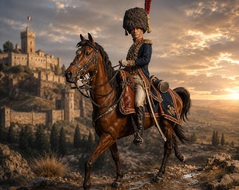 May include: A person in a historical military uniform rides a brown horse. The person wears a dark blue coat with gold trim, a tall fur hat, and black boots. A castle sits on a hill in the background under a cloudy sky.