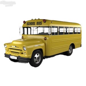 Può includere: Un autobus scolastico giallo con la scritta "SCHOOL BUS" sopra il parabrezza. L'autobus ha un design classico con motore anteriore e più finestre laterali. L'autobus ha pneumatici neri e un paraurti nero.