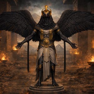 Puede incluir: Ilustración digital de una figura de piel oscura con grandes alas negras, que lleva una cofia y una armadura doradas y negras. La figura está de pie con los brazos extendidos en un templo de piedra, rodeada de llamas.