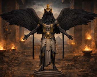 May include: A digital illustration of a dark-skinned figure with large black wings, wearing a gold and black headdress and armor. The figure stands with arms outstretched in a stone temple, surrounded by flames.