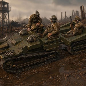 Könnte beinhalten: Detailliertes Modell eines Militärfahrzeugs mit drei Figuren in olivgrünen Uniformen. Das Fahrzeug hat ein Kettenlaufwerk und zieht einen Anhänger. Der Hintergrund zeigt einen Wachturm und Stacheldraht, was auf eine Kriegsszene hindeutet.