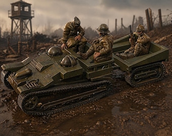 May include: A detailed model of a military vehicle with three figures in olive drab uniforms. The vehicle has a tracked design and is pulling a trailer. The background shows a watchtower and barbed wire, suggesting a war scene.