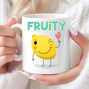 Fruity Fun Ceramic Mug - Cute Cartoon Fruits Design - Lemon, Apple & Orange - Perfect Summer Drinkware