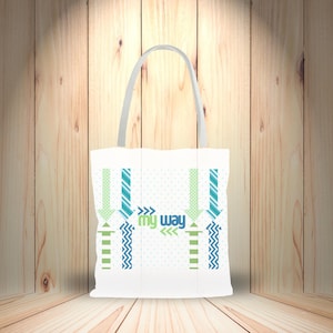 Bolsa de lona geométrica: Flechas azules y verdes modernas, diseño motivacional