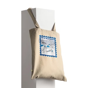 Borsa in tela di Mykonos, Grecia - Borsa souvenir da viaggio con design a cupola blu - Regalo ecologico per l'isola greca, borsa da spiaggia, vacanza nell'Egeo