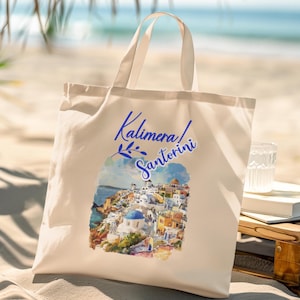 Premium Tote Bag Santorini Greece Tote Bag – &quot;Kalimera&quot; Greek Good Morning Gift | Watercolor Island Travel Bag | Mediterranean Coastal Style
