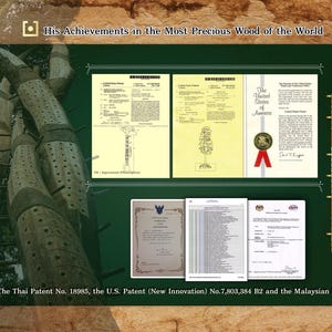 May include: A collage of documents showcasing a wood product's patents. The documents include the Thai Patent No. 18985, the U.S. Patent (New Innovation) No. 7,803,384 B2, and the Malaysian Patent. The documents are displayed on a green background with a wooden frame.