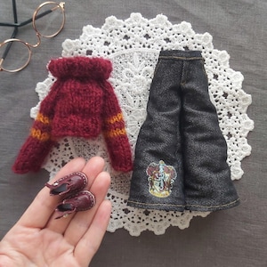 Outfit Blythe Doll Knitted Sweater Long sleeves Wide Jeans Set for Weasley Hermione- Handmade Fashion Outfit