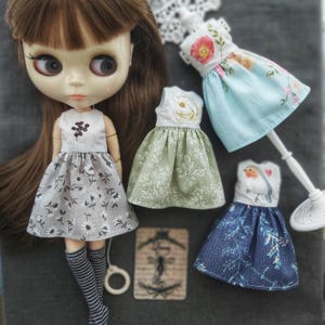 Cotton Dress for Blythe Doll Flower & Bird |  Lined, 2 Buttons | Choose from 4 Styles | Handmade Doll Clothing