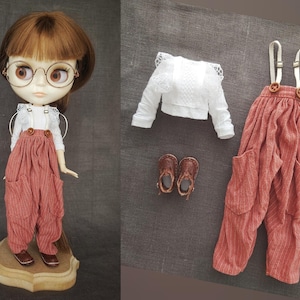 Stylish Outfit for Blythe Doll - White Lace Cotton Blouse Wide Pants with Suspenders and Pockets, Leather Sandals