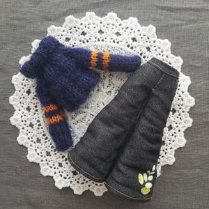 Knitted Sweater Long sleeves, Wide Black Jeans Set for Blythe Doll - Handmade Fashion Outfit Doll